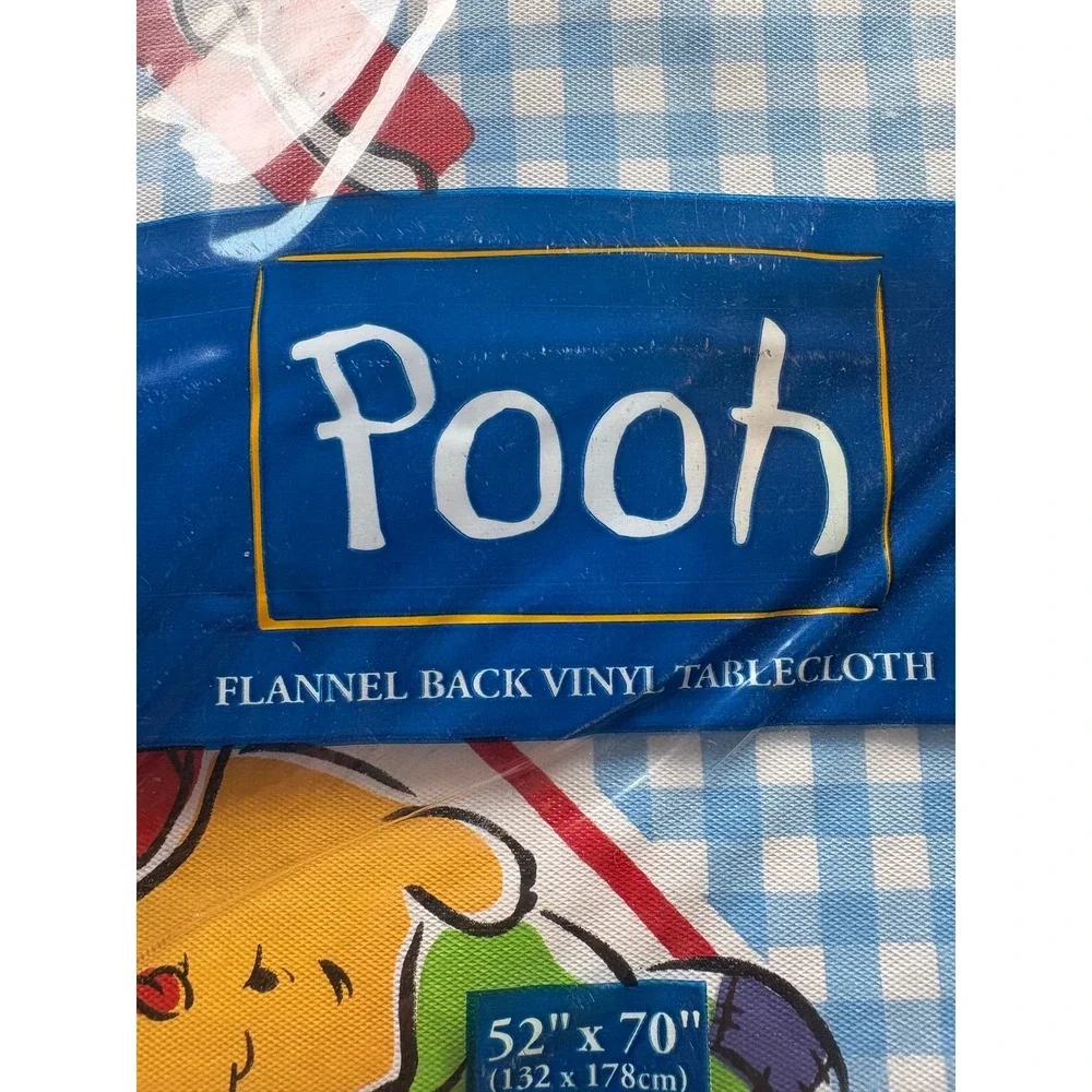 VTG Disney Winnie the Pooh Vinyl Tablecloth 52x70 Oblong Blue Gingham‎ Flannel